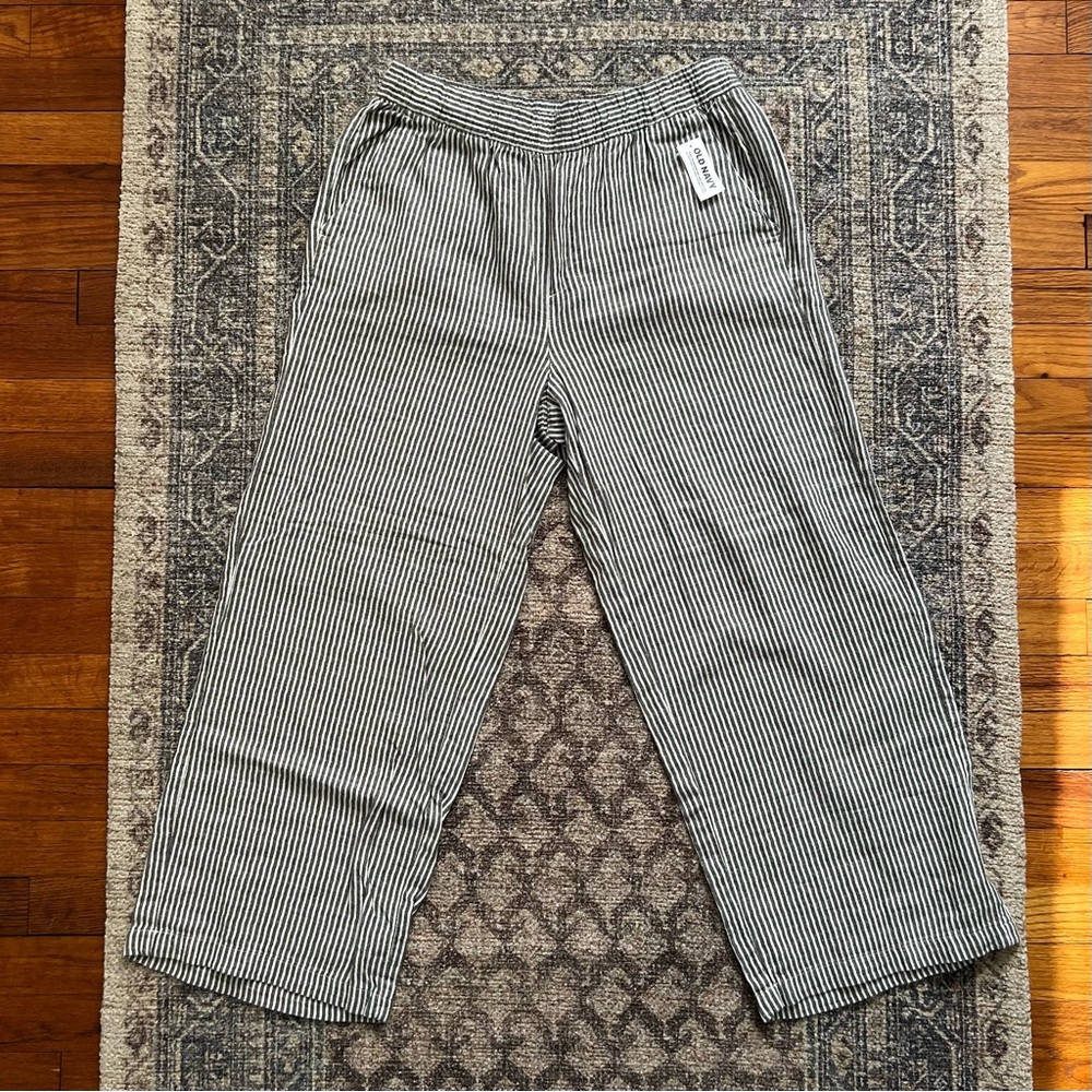 NWT Old Navy High Waisted Striped Gray/White Wide Leg Linen Pants Size Medium